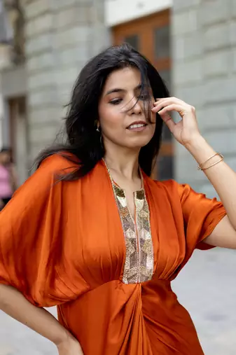 Rust orange embroidered satin silk kaftan