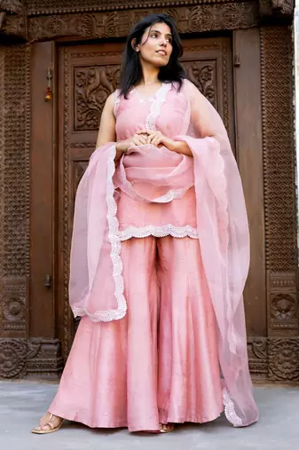 Pink embroidered silk sharara set