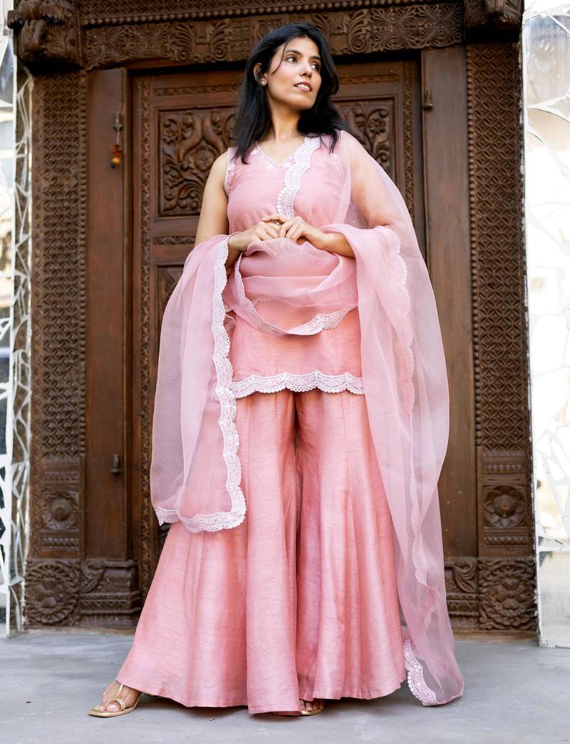 Pink embroidered silk sharara set