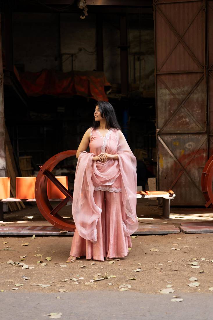 Pink embroidered silk sharara set