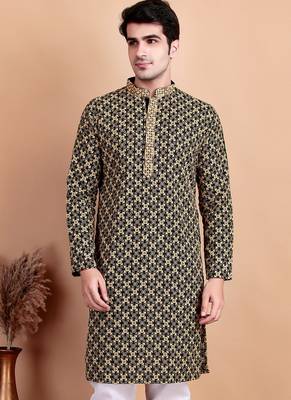 Black chikankari cotton embroidery men kurta 5
