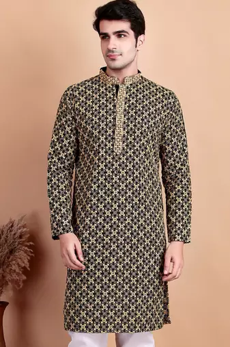 Black chikankari cotton embroidery men kurta