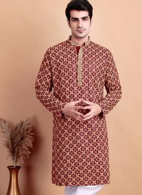 Maroon chikankari cotton embroidery men kurta 5