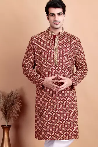 Maroon chikankari cotton embroidery men kurta