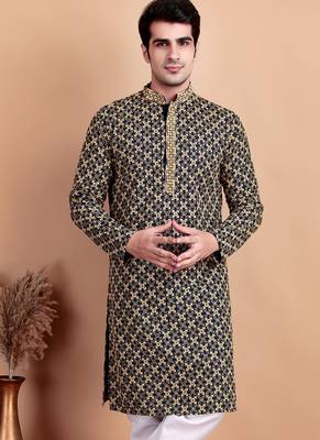 Navy blue chikankari cotton embroidery men kurta 5