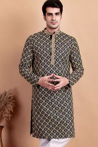 Navy blue chikankari cotton embroidery men kurta