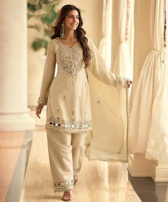 Off white vichitra silk readymade suit with real mirror hand work 1