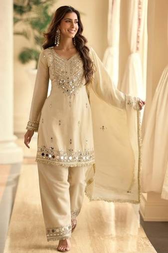 Off white vichitra silk readymade suit with real mirror hand work