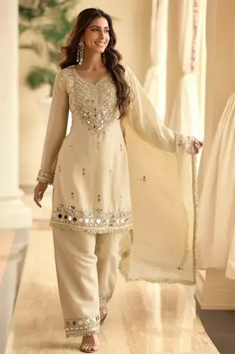 Off white vichitra silk readymade suit with real mirror hand work