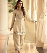 Off white vichitra silk readymade suit with real mirror hand work