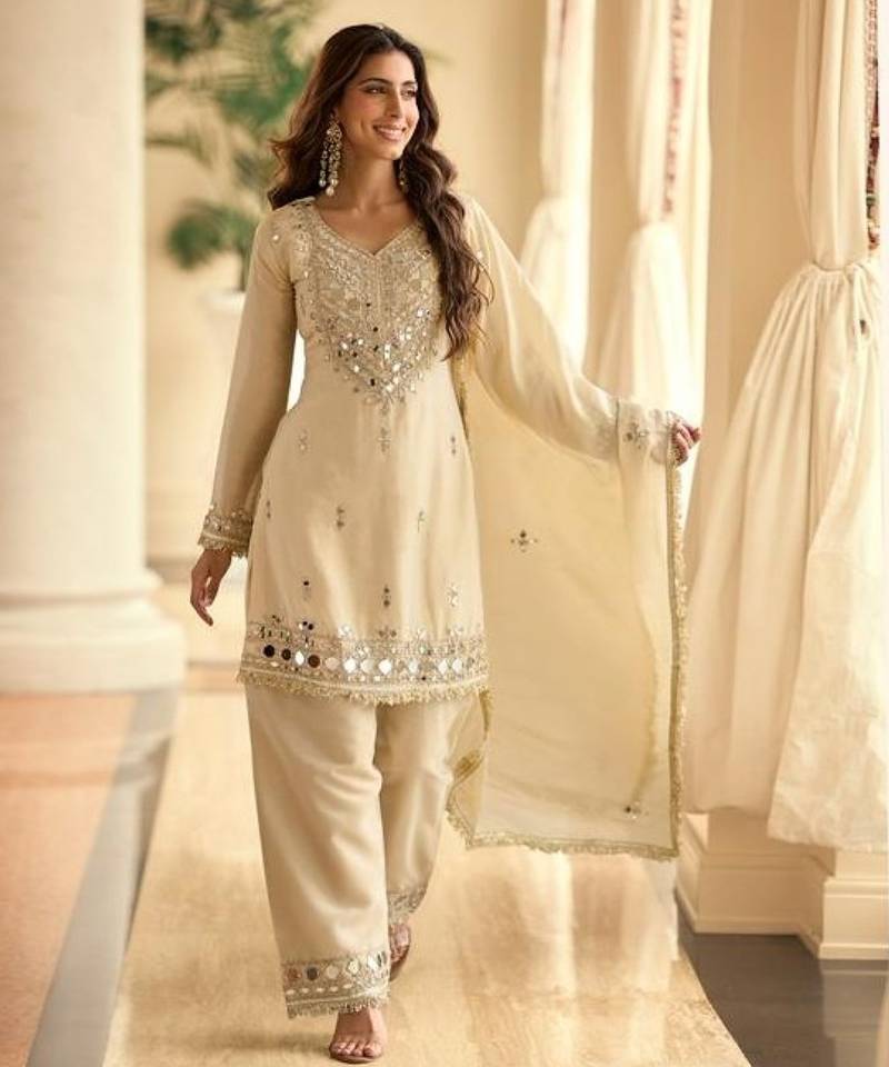 Off white vichitra silk readymade suit with real mirror hand work