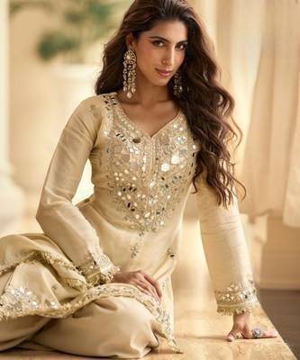 Off white vichitra silk readymade suit with real mirror hand work 2