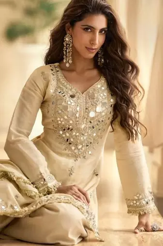 Off white vichitra silk readymade suit with real mirror hand 