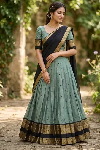 Seagreen Kanchi Cotton Zari Weaving Work Semi-stitched Lehenga Choli with Dupatta