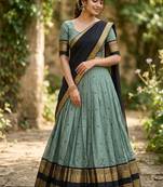 Seagreen Kanchi Cotton Zari Weaving Work Semi-stitched Lehenga Choli with Dupatta