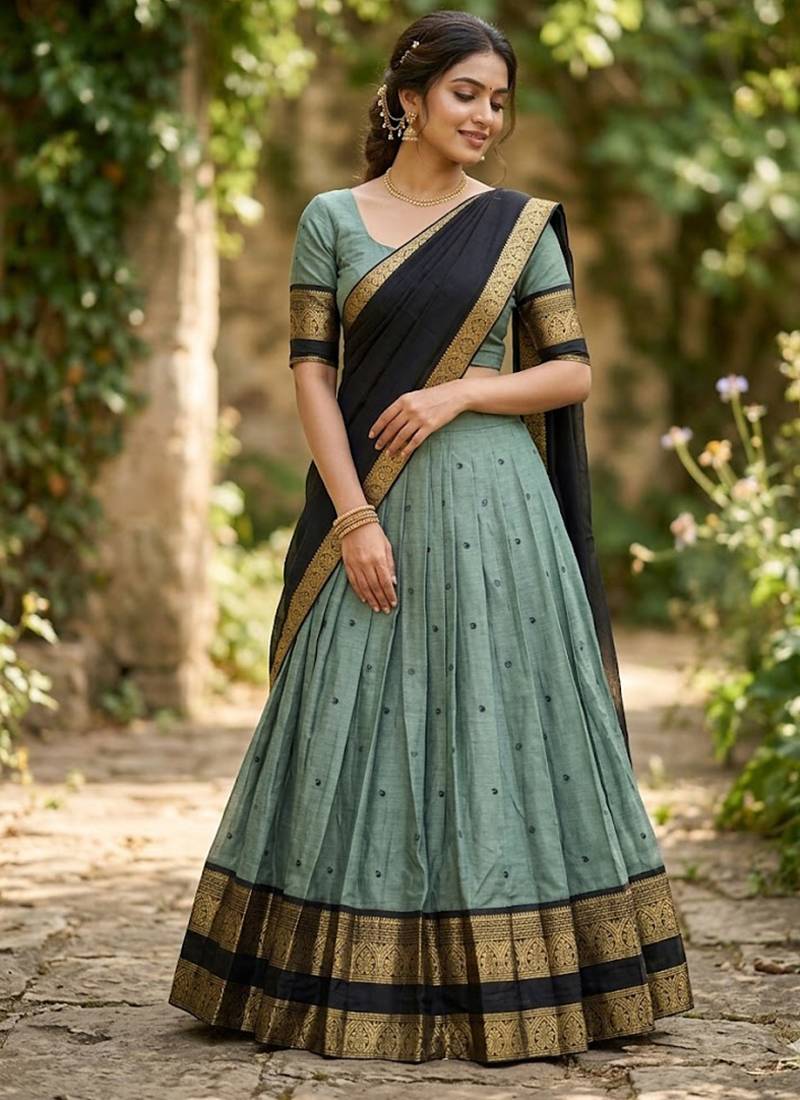 Seagreen Kanchi Cotton Zari Weaving Work Semi-stitched Lehenga Choli with Dupatta
