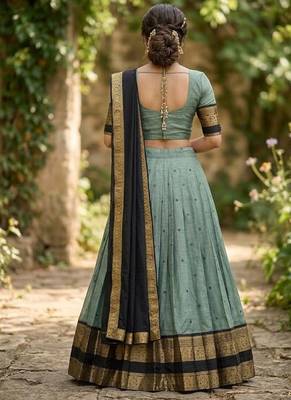 Seagreen Kanchi Cotton Zari Weaving Work Semi-stitched Lehenga Choli with Dupatta 2