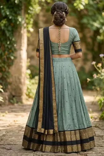 Seagreen Kanchi Cotton Zari Weaving Work Semi-stitched Lehenga Choli with Dupatta