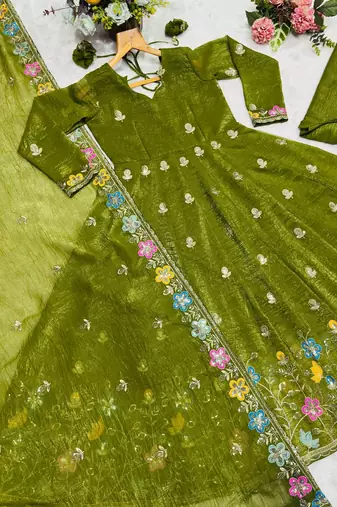 mehendi green plus size crunchy silk embroidered suit 