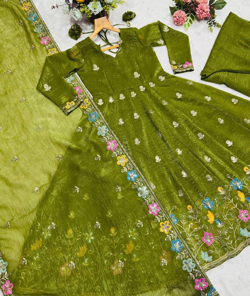 mehendi green plus size crunchy silk embroidered suit 