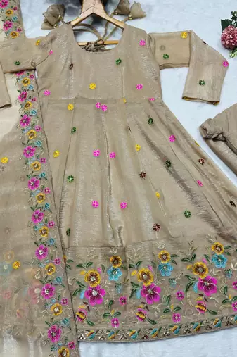  beige CRUNCHY SILK  embroidered anarkali SHARARA SET