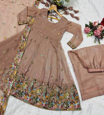  beige CRUNCHY SILK  embroidered anarkali SHARARA SET 6