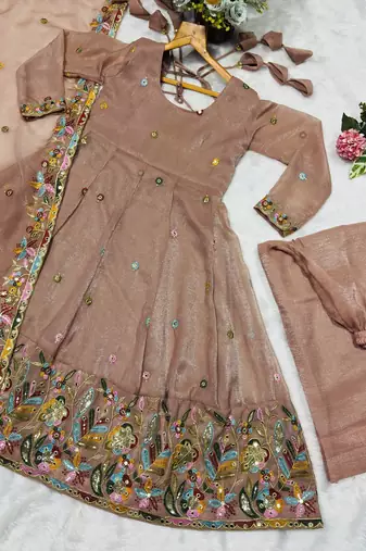  beige CRUNCHY SILK  embroidered anarkali SHARARA SET
