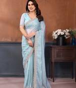 Blue georgette embroidery work saree with matching blouse piece