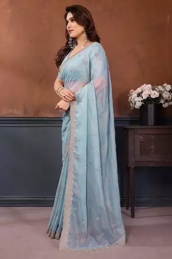 Blue georgette embroidery work saree with matching blouse piece