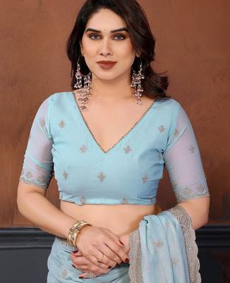 Blue georgette embroidery work saree with matching blouse piece 5