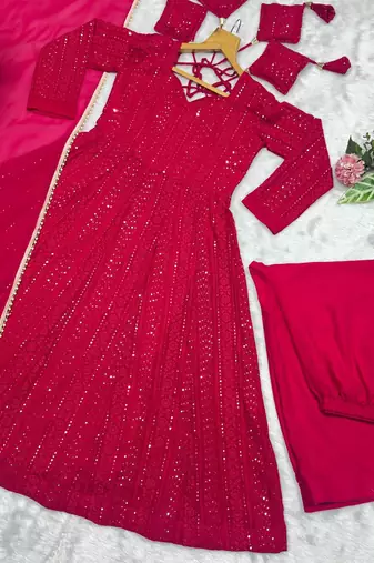 PINK fuax blooming  party wear embroidery  suit set