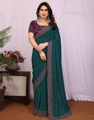 Teal green vichitra silk embroidery work saree with contrast blouse piece 1