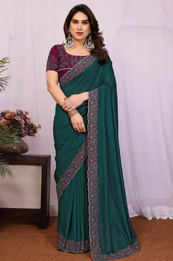Teal green vichitra silk embroidery work saree with contrast blouse piece