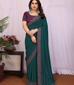 Teal green vichitra silk embroidery work saree with contrast blouse piece