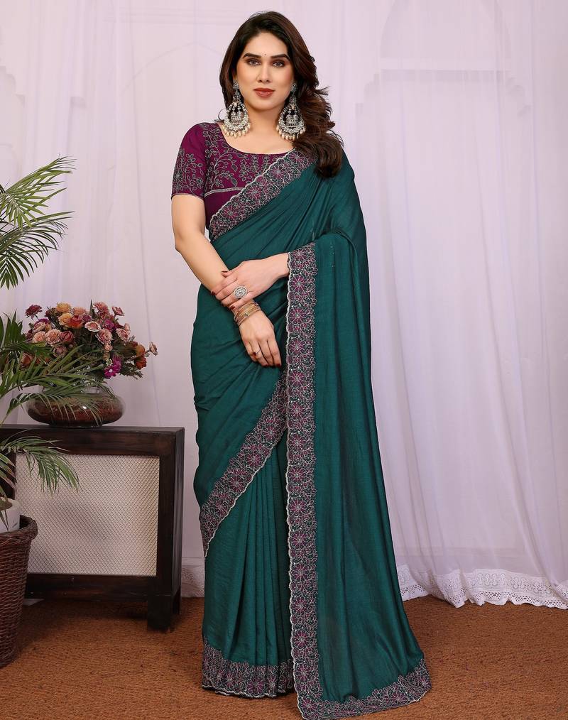 Teal green vichitra silk embroidery work saree with contrast blouse piece