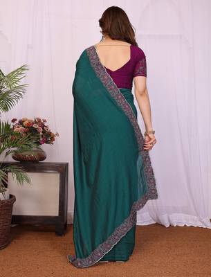 Teal green vichitra silk embroidery work saree with contrast blouse piece 2
