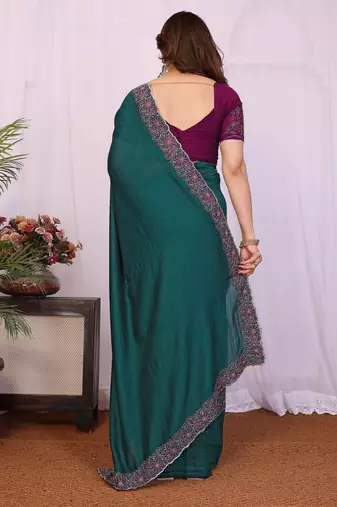 Teal green vichitra silk embroidery work saree with contrast blouse piece