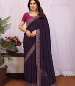 Purple vichitra silk embroidery work saree with contrast blouse piece
