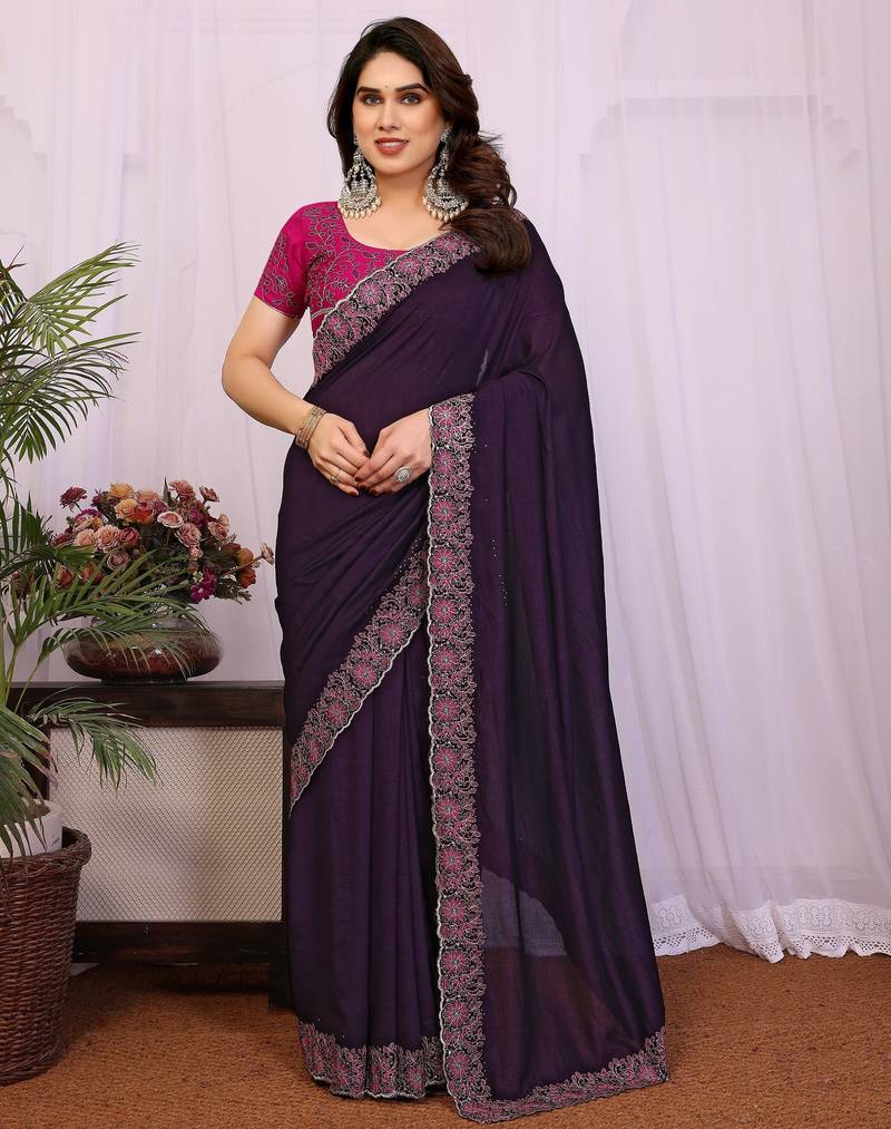 Purple vichitra silk embroidery work saree with contrast blouse piece