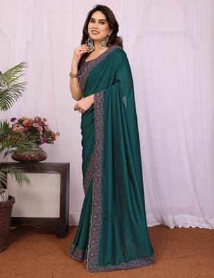Teal green vichitra silk embroidery work saree with contrast blouse piece 3
