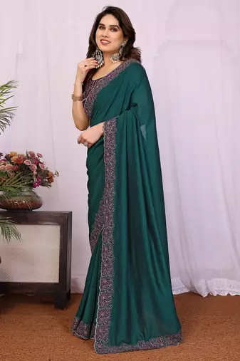 Teal green vichitra silk embroidery work saree with contrast blouse piece