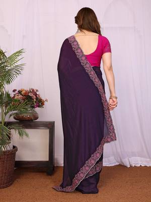 Purple vichitra silk embroidery work saree with contrast blouse piece 2