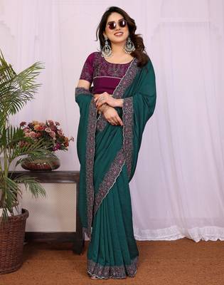 Teal green vichitra silk embroidery work saree with contrast blouse piece 4