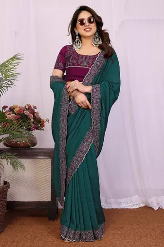 Teal green vichitra silk embroidery work saree with contrast blouse piece