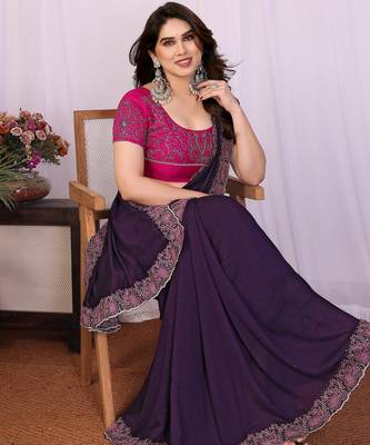 Purple vichitra silk embroidery work saree with contrast blouse piece 4