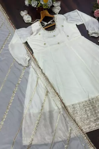 OFF WHITE CHINON SILK PARTY WEAR SUIT SET 
