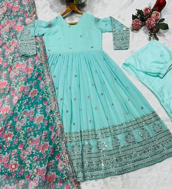 Sea Green Georgette Embroidered Long Kurti Set with Multicolour Dupatta 5