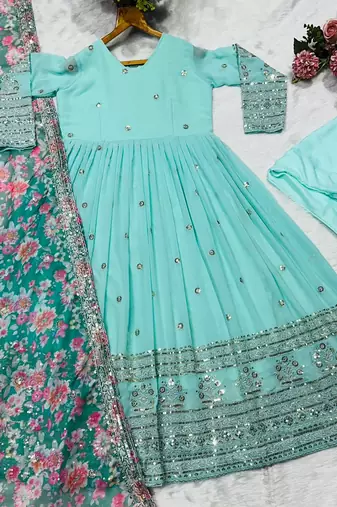 Sea Green Georgette Embroidered Long Kurti Set with Multicolour Dupatta