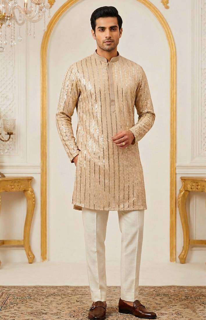 Men's stylish georgette sequins embroidery kurta 