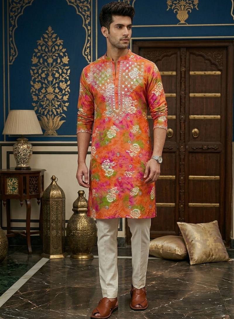 Men's mirror work rayon cotton kurta 